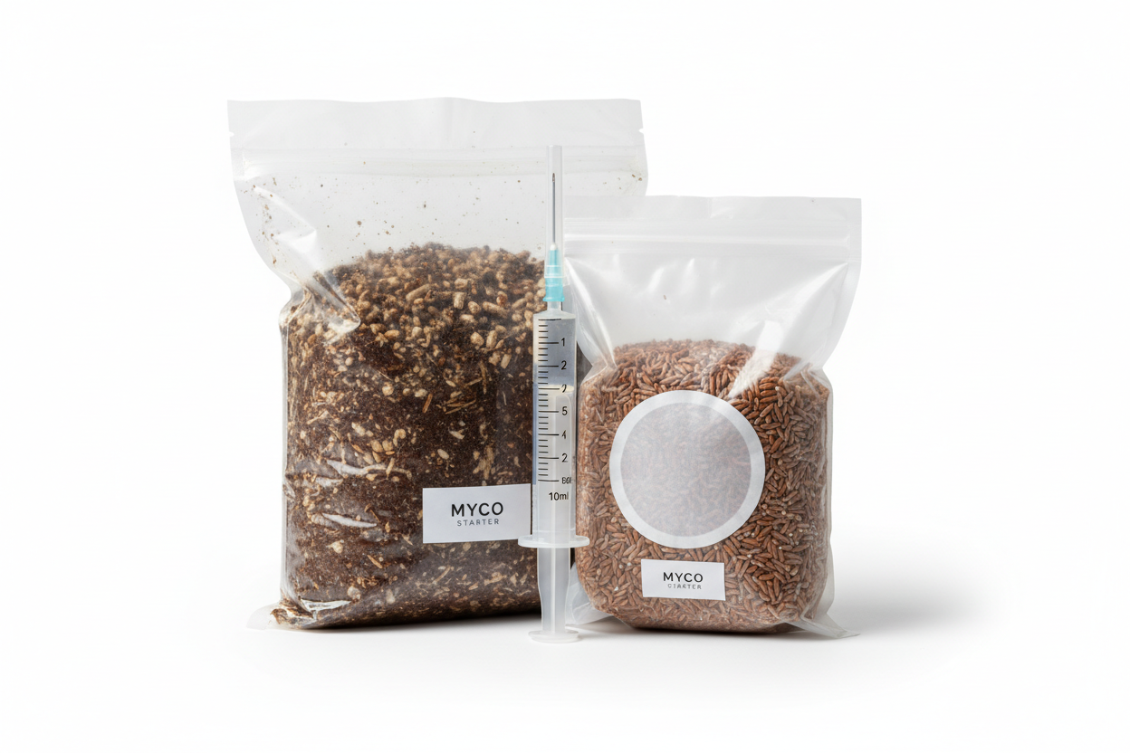 1 seringue de mycélium liquide – 10 ml
- 1 sac de seigle stérilisé – 1 kg
- 1 sac de Master Mix stérilisé