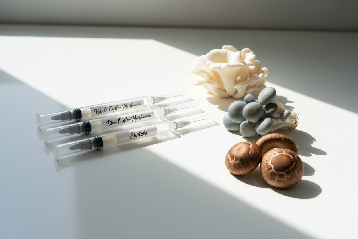  3 seringues de mycélium liquide – 10 ml
- Souches : Pleurote huître Blanc + Pleurote huître Bleu + Shiitake 