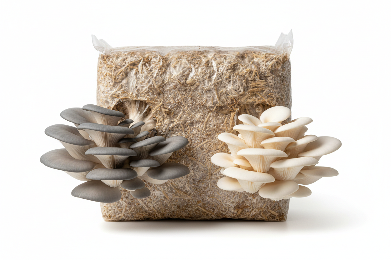 je veux dan la meme image un kit de fructification , a droite pleurote blanc et a gauche pleurote bleu