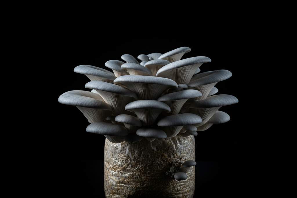un kit de fructification blue oyster sur un fond noir